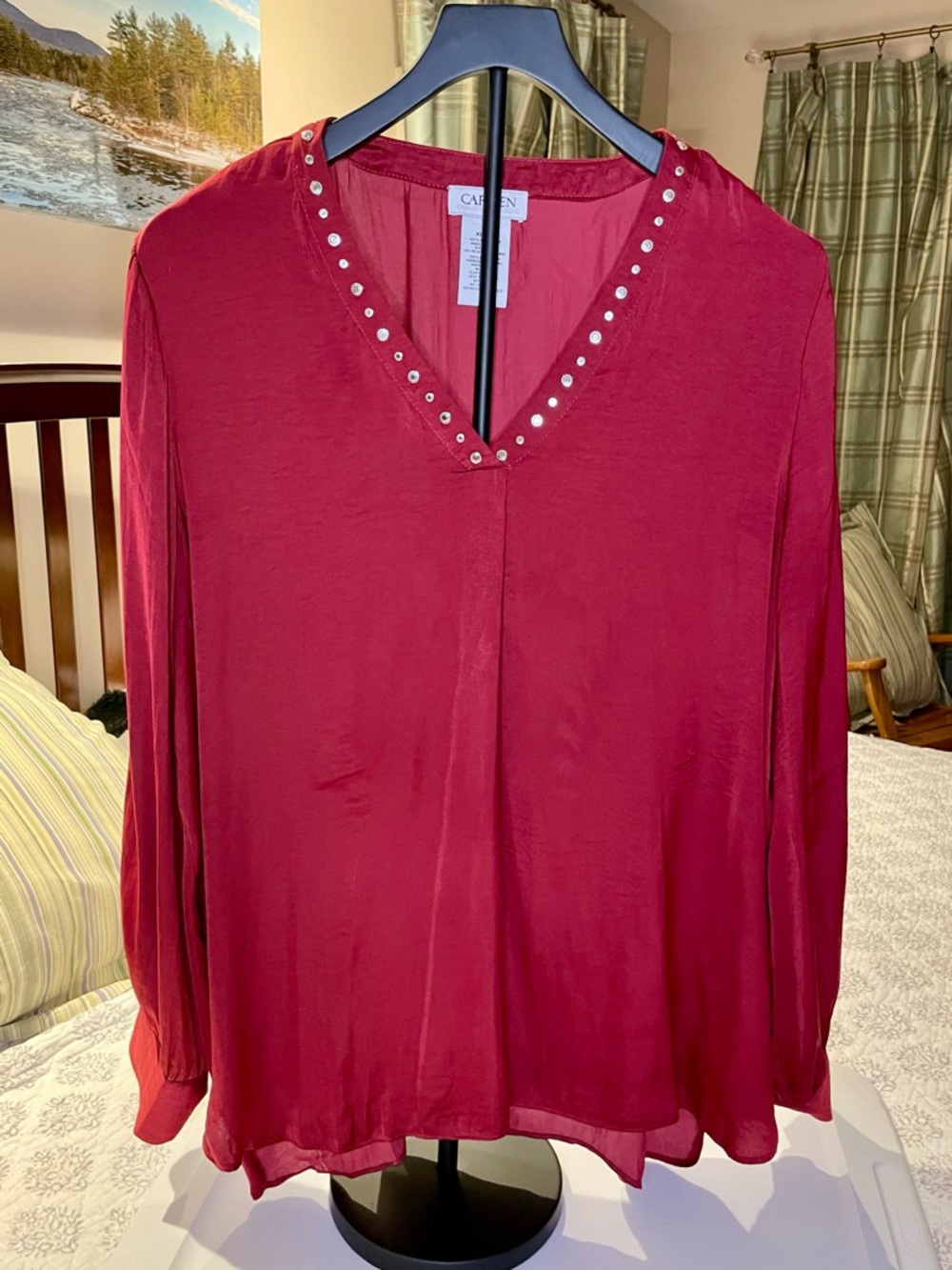 Carmen Marc Valvo Burgundy V-Neck Studded Blouse